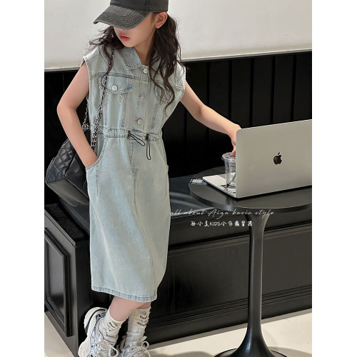 磨白水洗女童牛仔連衣裙2025夏季新款兒童無袖收腰裙子女孩A字裙 磨白水洗女童牛仔連衣裙2025夏季新款兒童無袖收腰裙子女孩A字裙