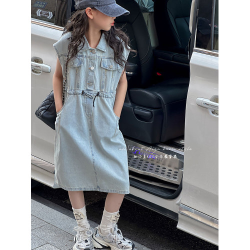 磨白水洗女童牛仔連衣裙2025夏季新款兒童無袖收腰裙子女孩A字裙 磨白水洗女童牛仔連衣裙2025夏季新款兒童無袖收腰裙子女孩A字裙