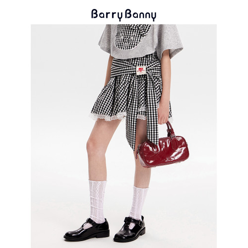 BarryBanny女童格子半身裙2025夏季新款百搭女孩綁帶蕾絲裙褲