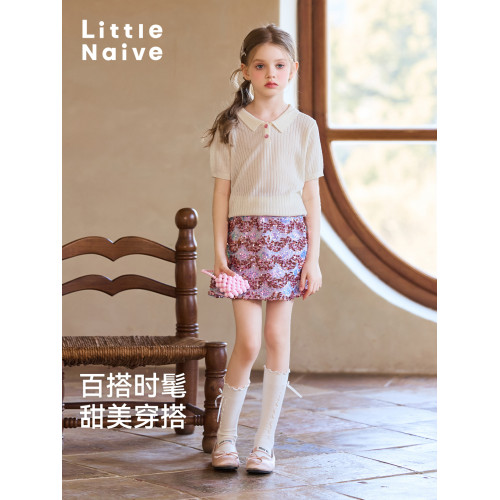 Little Naive女童針織t恤春夏彈力涼感上衣兒童甜美翻領Polo短袖