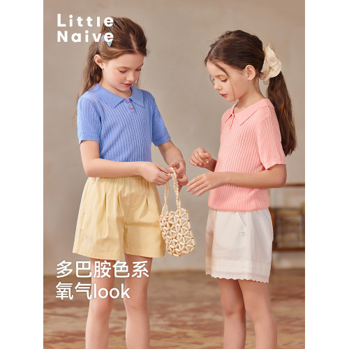 Little Naive女童針織t恤春夏彈力涼感上衣兒童甜美翻領Polo短袖