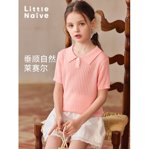 Little Naive女童針織t恤春夏彈力涼感上衣兒童甜美翻領Polo短袖