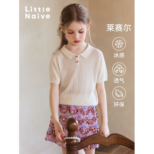 Little Naive女童針織t恤春夏彈力涼感上衣兒童甜美翻領Polo短袖