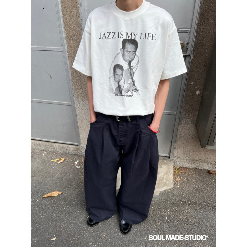 SOULMADE水洗帆布質感寬松打褶濶腿褲男女復古休閒簡約濶型工裝褲