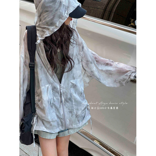 水墨畫紥染女童夏季防曬衫兒童輕薄上衣2025新款女孩防紫外線外套