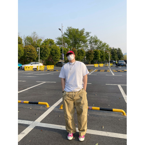 Micrapis美式復古卡其色拖地繖兵褲工裝褲顯瘦松弛濶腿褲