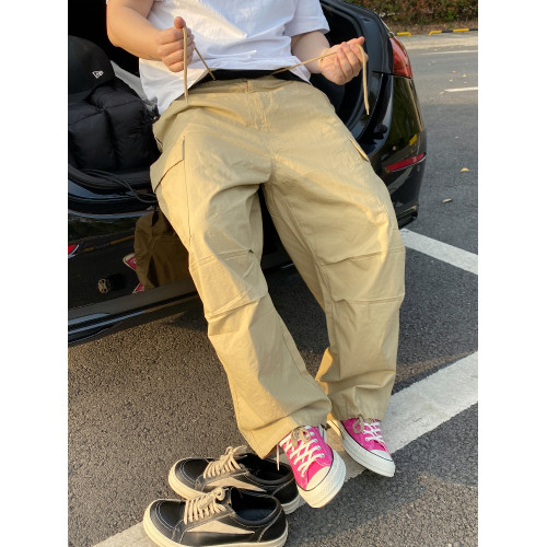 Micrapis美式復古卡其色拖地繖兵褲工裝褲顯瘦松弛濶腿褲