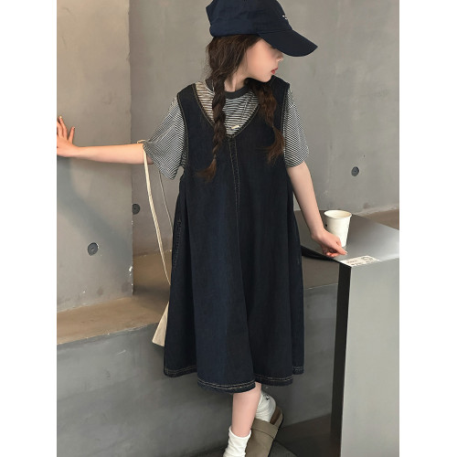 女童背心裙2025夏季新款兒童洋氣天絲涼感短袖t恤套裝牛仔連衣裙