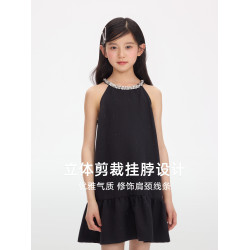 YinGiiar童裝黑色亮片掛脖女童連衣裙鋼琴比賽氣質兒童派對禮服裙