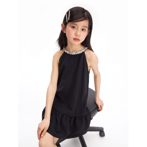 YinGiiar童裝黑色亮片掛脖女童連衣裙鋼琴比賽氣質兒童派對禮服裙