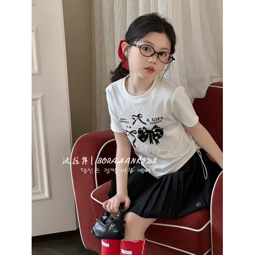 波拉韓女童短袖夏季新款T恤兒童2025短款半袖小女孩時髦體恤上衣
