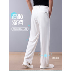 夏季新款桑蠶絲男褲薄款冰絲運動褲大碼濶腿褲男士休閒褲抗皺免燙