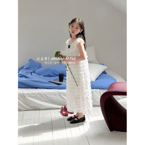 波拉韓女童連衣裙夏裝2025女孩蛋糕裙公主裙兒童仙女白色長裙禮服