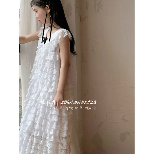 波拉韓女童連衣裙夏裝2025女孩蛋糕裙公主裙兒童仙女白色長裙禮服
