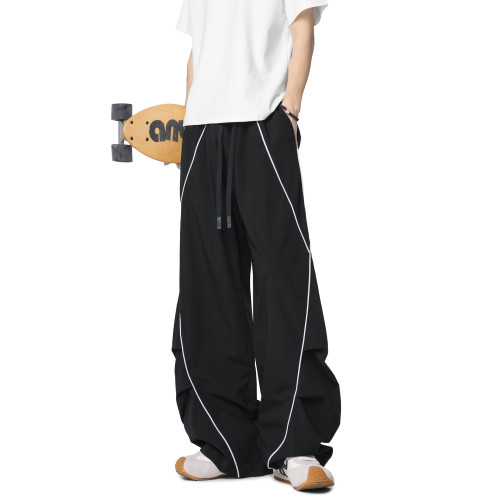 51嘻哈美式潮牌反光條運動休閒長褲男街頭hiphop彎刀寬松濶腿褲子