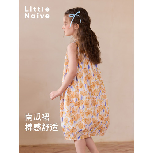 Little Naive女童連衣裙夏季新款寬松廓形南瓜裙兒童純棉背心裙