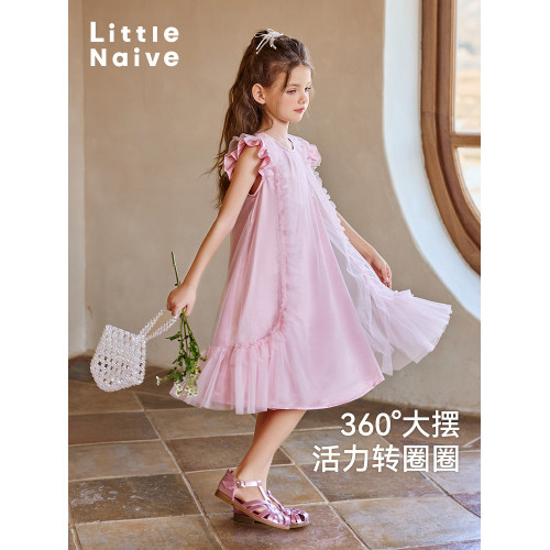 Little Naive兒童連衣裙夏季新款流光緞飛袖網紗裙女童甜美蛋糕裙