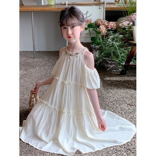 法國女童夏裝連衣裙2025新款洋氣兒童夏季露肩裙子中大童公主裙