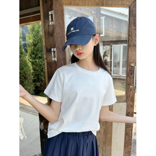 高級兒童夏季短袖女童小白T正肩袖純白色t恤中大童透氣吸汗休閒
