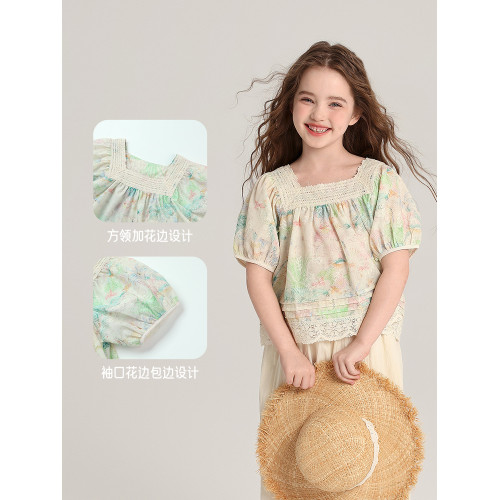 布丁哈魯童裝女童洋氣小衫2026夏季新款兒童甜美洋氣紥染花邊上衣