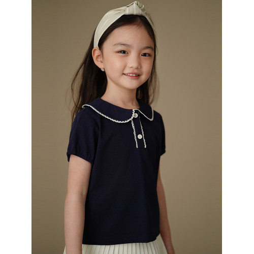 哈齒童裝兒童夏裝2025新款娃娃領藏青色針織上衣女童短袖T恤女孩