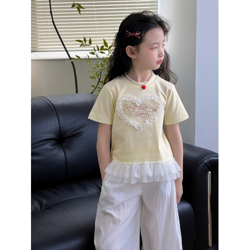 女童短袖T恤2025夏季新款兒童花邊拼接上衣中大童韓版休閒童裝潮