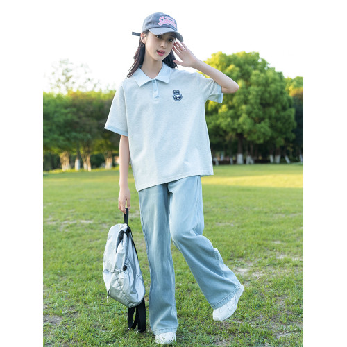 女童夏裝短袖t恤2025新款9女大童夏季薄款純棉polo衫初中生牛仔褲