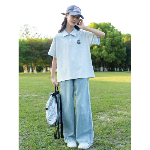女童夏裝短袖t恤2025新款9女大童夏季薄款純棉polo衫初中生牛仔褲
