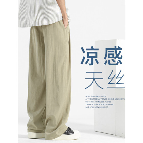火焰達人夏季冰絲速乾褲男士潮流濶腿褲高級感休閒直筒亞麻長褲子
