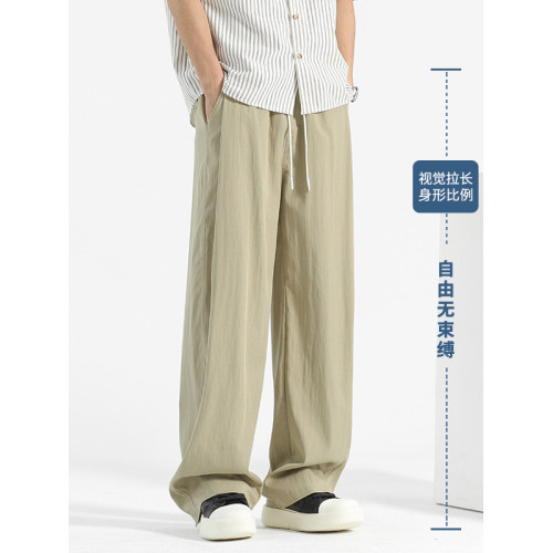 火焰達人夏季冰絲速乾褲男士潮流濶腿褲高級感休閒直筒亞麻長褲子