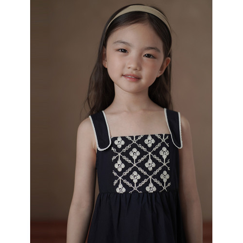 哈齒童裝兒童吊帶裙夏季新款重工中長裙女童藏青連衣裙親膚全棉