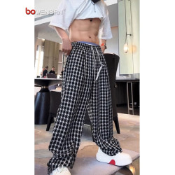 美式潮牌黑白格休閒褲男士夏季薄款2025新款男褲彎刀濶腿褲子男款