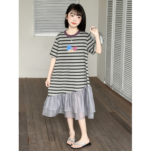 女童連衣裙夏季2025新款兒童洋氣薄款拼接短袖夏裝中大童條紋裙子