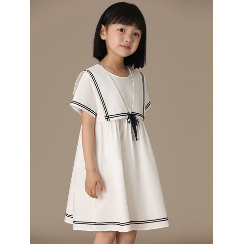 哈齒童裝全棉白色海軍風女童連衣裙夏裝畢業裙女大童襯衫校服裙子