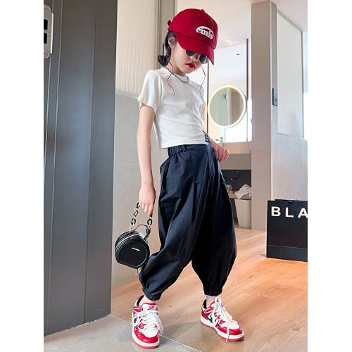 t血女童純棉夏裝2025新款中大童炸街兒童洋氣短袖女孩黑色上衣潮