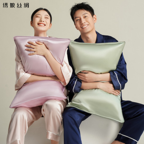 綉娘絲綢真絲枕套冰絲夏季單面100%桑蠶絲天絲水洗純色枕頭套禮盒