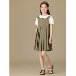 哈齒童裝假兩件女童學院風連衣裙夏季兒童短袖百褶裙女大童高級感