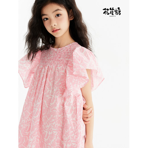 花笙糖中大女童可愛荷葉邊裙子純棉粉色小女孩公主裙連衣裙童裝