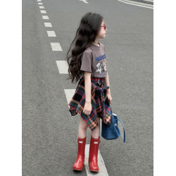法國女童半身裙夏季2025新款女孩薄款裙子大童洋氣不規則裙格子裙
