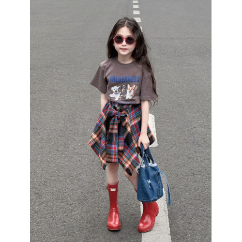 法國女童半身裙夏季2025新款女孩薄款裙子大童洋氣不規則裙格子裙