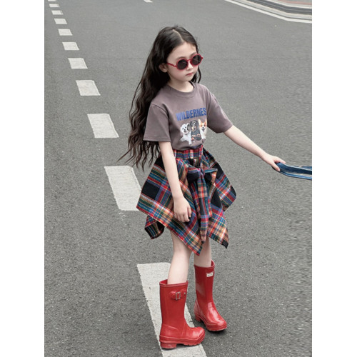 法國女童半身裙夏季2025新款女孩薄款裙子大童洋氣不規則裙格子裙