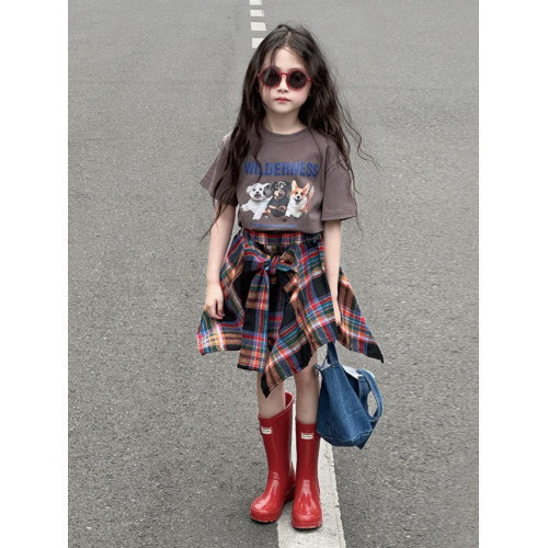 法國女童半身裙夏季2025新款女孩薄款裙子大童洋氣不規則裙格子裙