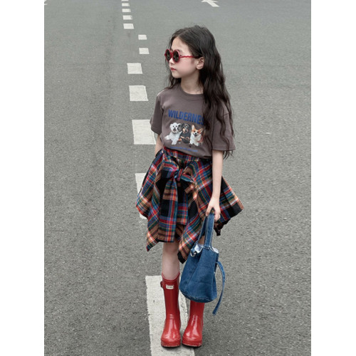 法國女童半身裙夏季2025新款女孩薄款裙子大童洋氣不規則裙格子裙
