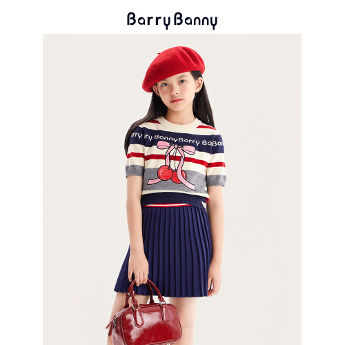 BarryBanny女童夏季櫻桃短袖T恤新款條紋學院風兒童針織休閒上衣