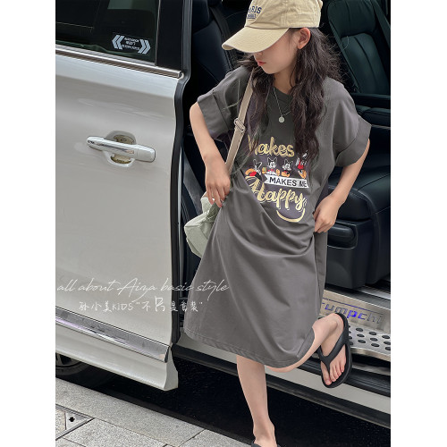 韓國童裝女童夏季連衣裙2025新款兒童短袖裙子女孩寬鬆休閒T恤裙