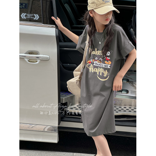 韓國童裝女童夏季連衣裙2025新款兒童短袖裙子女孩寬鬆休閒T恤裙