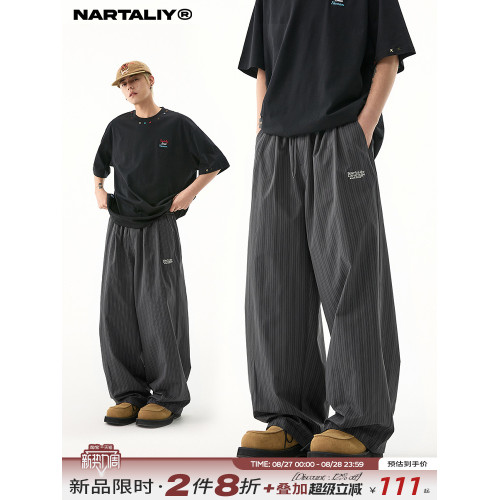 NARTALIY美式復古竪條紋直筒濶腿休閒褲男女慵懶寬松春夏潮牌長褲