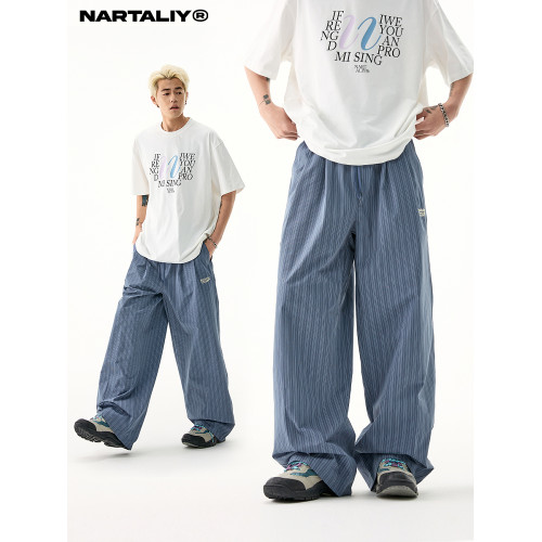 NARTALIY美式復古竪條紋直筒濶腿休閒褲男女慵懶寬松春夏潮牌長褲
