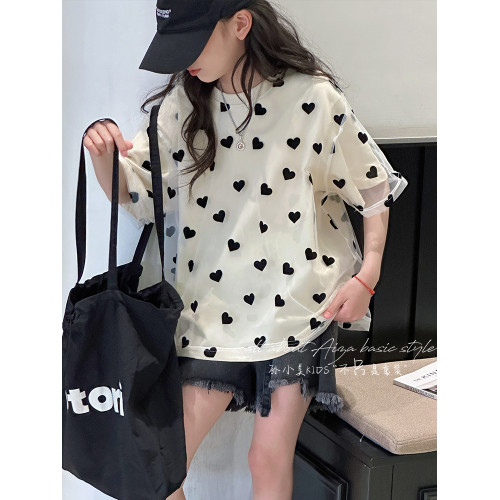 孫小美kids 雙層網紗女童短袖T恤2025夏裝新款兒童寬鬆上衣罩衫t