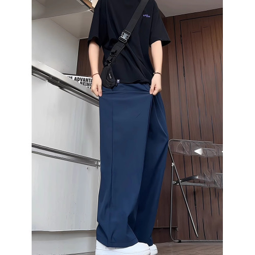 藏藍色休閒褲男士潮牌美式復古夏季薄款男褲冰絲速乾褲垂感濶腿褲